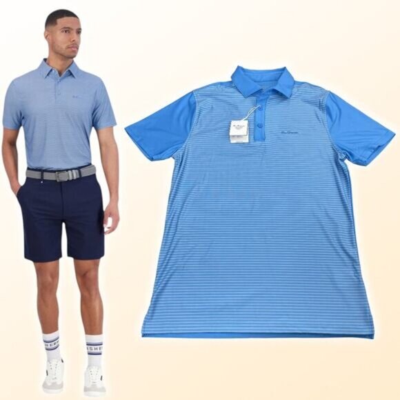 NWT BEN SHERMAN Golf 3 Button Tech Jersey Polo Sz Small Azure Mini Stripes - Picture 1 of 5